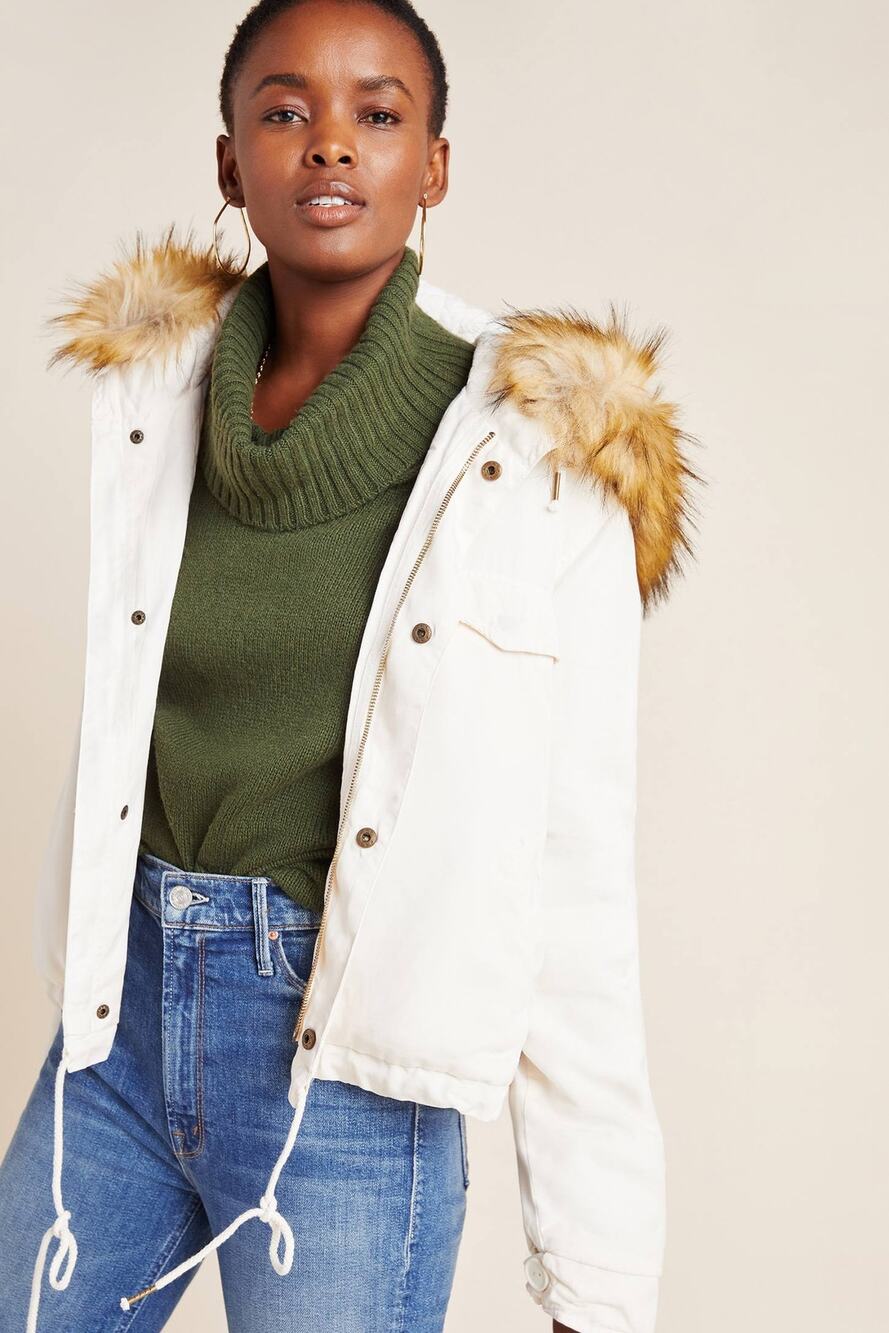 Anthropologie Weller Faux Fur Trim Utility Jacket by On the Road $282 IVORY XS